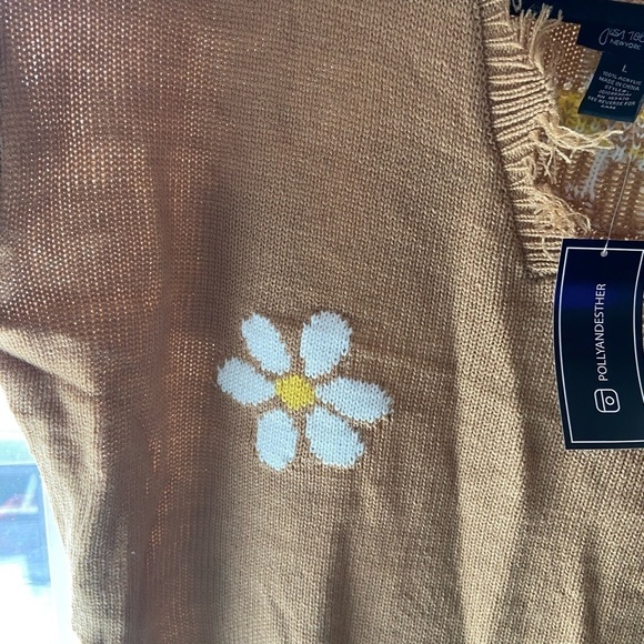 Just Polly tan flowers sweater women's size Large - Picture 5 of 8